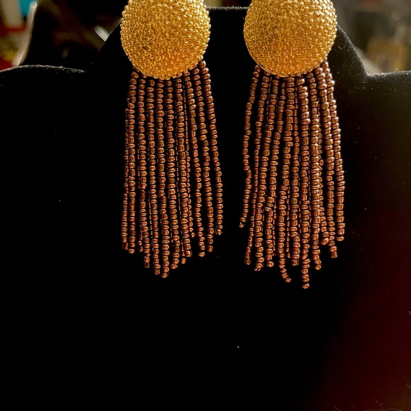 Pierced earrings posts with gold toned braided button long strands of beads - Picture 5 of 9